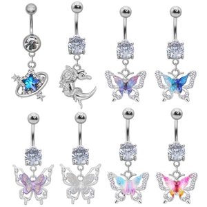 Piercing de Nombril Papillon Étoile Lune Alliage de Zinc Strass Bijoux de Corps Paillettes Irisées Piercing pour Femmes