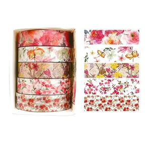 Washi tape set featuring five rolls of vintage floral patterns in a white paper gift box