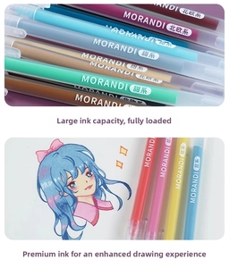 Close-up of Morandi gel pen tips and artistic sketch showing ink color performance