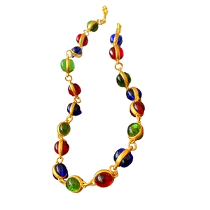 Vintage gold metal necklace with colorful oval beads in red green and blue style