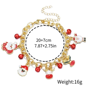 Golden Christmas bracelet with Santa, reindeer and red bell charms, 20cm plus 7cm chain