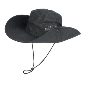 Detail of black fishing hat with breathable mesh vents and adjustable chin strap cord