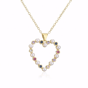18K gold plated heart pendant necklace with pearls and colorful zircons on white background