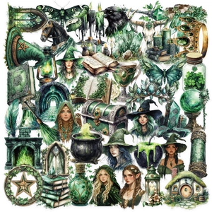 Lot de 50 autocollants de sorcière de forêt imperméables avec cristaux et motifs hibou