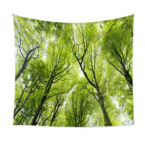 Detail of forest canopy tapestry fabric showing lush green leaves and tree branches