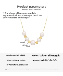 Detailed view of S925 silver necklace with baroque pearls and golden beads on white background