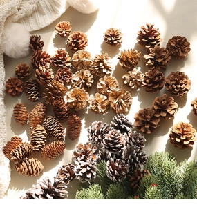 Macro view of natural pine cones with gold finish and faux snow for DIY holiday decor