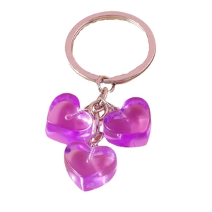 Purple translucent jelly heart keychain with three resin charms and silver metal ring