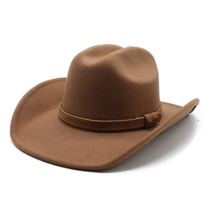 Brown wool felt western cowboy hat with wide brim and studded leather band for women and men