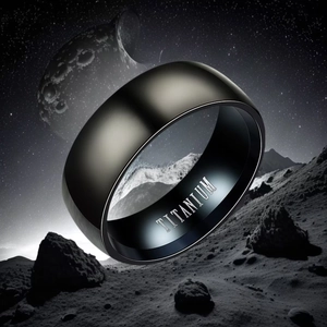 Classic matte black titanium steel ring for men and women on a cinematic lunar background