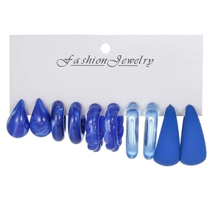 5-piece vintage Klein blue acrylic earring set featuring C-shape hoops and teardrop designs
