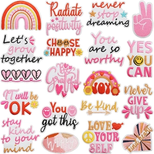 Set of 20 colorful inspirational embroidered patches with quotes for clothing and bags