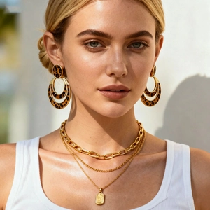 Detail of vintage leopard print hoop earrings and layered gold necklace on a model