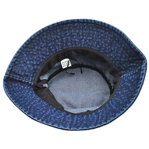 Inside view of navy blue denim bucket hat with cotton lining and sweatband details