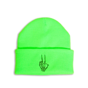Detailed view of neon green knitted beanie with black skeleton hand embroidery design