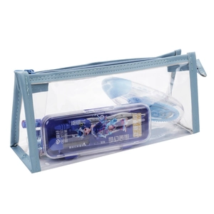 Transparent high-capacity triangular pencil case with light blue trim for stationery storage