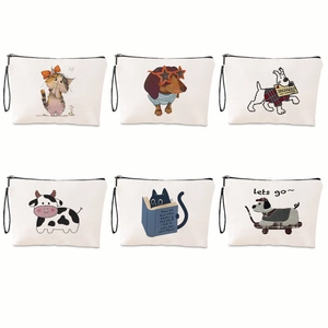 Borse da trucco in tela con sei diverse illustrazioni di animali e cinturini da polso