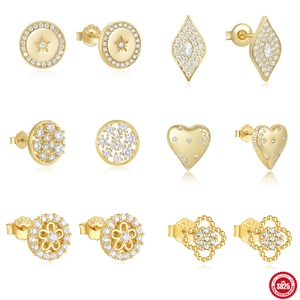 S925 Sterling Silver Stud Earrings For Women Geometric Round Heart Flower Zirconia Gold Platinum Plated Minimalist Commuter Earrings Jewelry