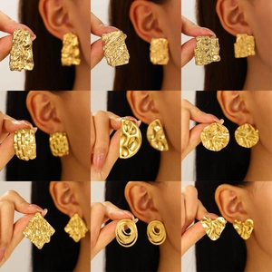 Vintage Hammered Stainless Steel Earrings Irregular Geometric Textured Gold Silver Plated Jewelry For Women