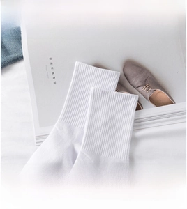 Detail of white cotton athletic crew socks featuring ribbed cuffs and Y-heel knit design