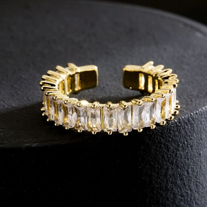 Luxurious 18K gold plated adjustable ring featuring baguette-cut zircon crystals