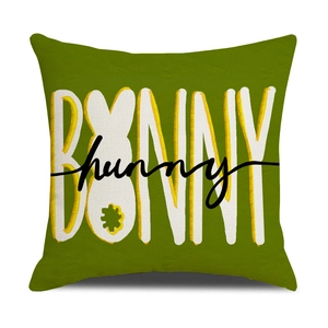 Easter Bunny and Hunny text print on green linen texture decorative throw pillow cover