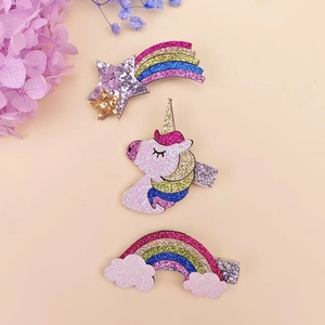 Fermagli per capelli con glitter unicorno arcobaleno e stelle per bambine su rosa
