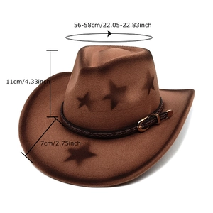 Western brown felt cowboy hat with star print and side belt detailing in studio shot