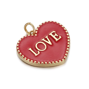 14K gold plated heart pendant with red enamel and LOVE lettering for jewelry DIY