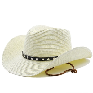 Bohemian style straw cowboy hat with black studded band and adjustable chin strap
