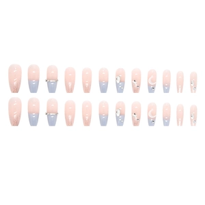 Salt sea macaron long press-on nails set with clear crystals, stars and moon charms