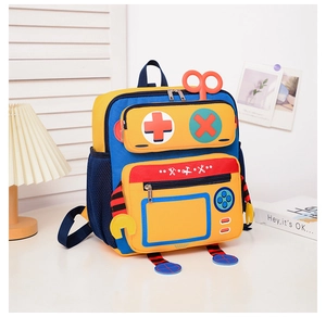 Detail showing the robot-themed backpack with playful tools and symbols on durable canvas