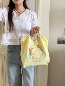 Sac Cabas Brodé Femmes Style Coréen Fleur Papillon Grande Capacité Tissu Oxford Sac À Main Décontracté Doux Frais