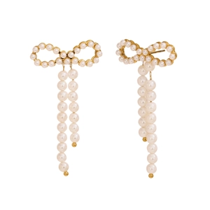 Elegant 18K gold plated bow earrings with white pearl pendants on white background