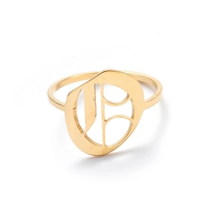 Detailed view of a vintage style golden ring featuring a hollowed-out letter pattern
