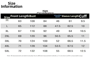 Detailed size chart for men casual jacket including chest and length from M to 5XL