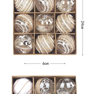 Detailed view of 6cm champagne and gold Christmas ornaments set with 24cm box