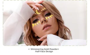 Close-up of gold glitter face tattoo with sun and moon designs for music festivals