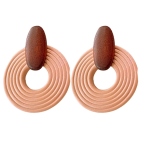 Bohemian retro wood style hoop earrings with dark brown studs on a clean white background