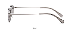 Seitenansicht der Retro-Sonnenbrille mit grauem Glas und silbernen Metallbügeln