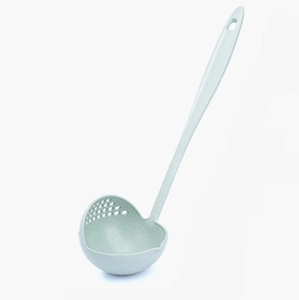 Detail of light green wheat straw 2-in-1 soup ladle and strainer with side drain holes