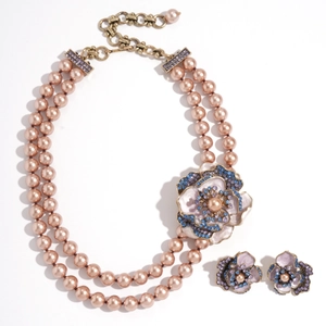 Parure vintage collier double rang de perles roses et boucles d'oreilles fleurs