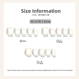 Detailed size information chart for cat eye press-on nails in XS, S, and M sizes