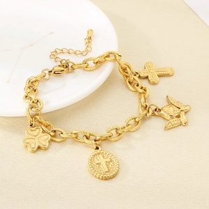 Vintage Gold Plated Stainless Steel Charm Bracelet Cross Angel Clover Pendants For Women Personalized Retro Jewelry Gift