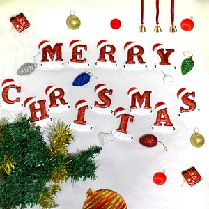 DIY Christmas tree alphabet hanging ornaments set with red glitter letters and mini Santa hats
