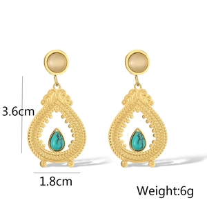 Detail view of retro gold earrings with turquoise teardrop and size parameters
