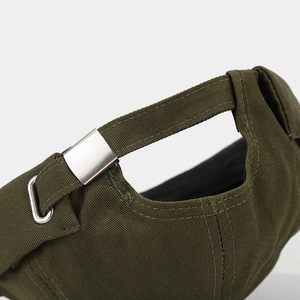 Detail of army green canvas docker hat with premium silver metal adjustment buckle