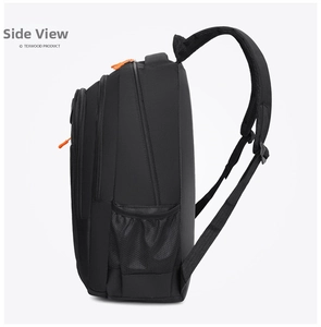 Side view of a black casual backpack showing multi-layer zippers and orange pull cords