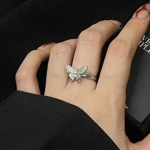 Elegant silver butterfly open ring with sparkling cubic zirconia and white pearls