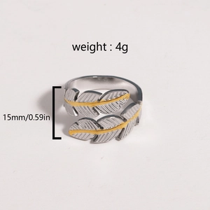 Detail view of two-tone leaf ring with dimensions 15mm height and 4g weight
